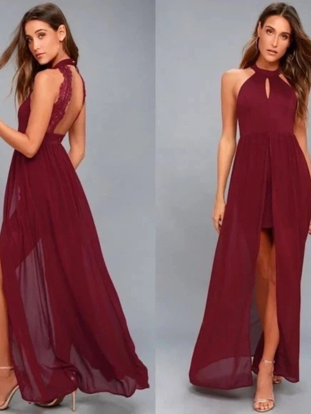 Lulus Size XS My Beloved Burgundy Red Lace Maxi Dress Slit Wedding Formal - New